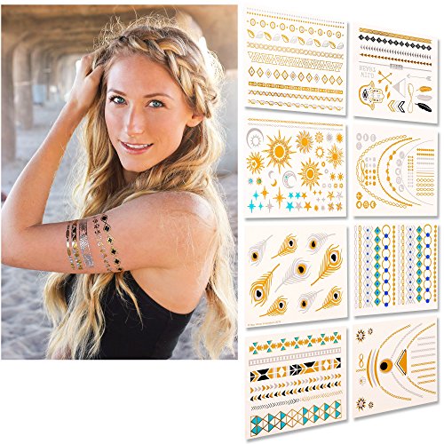 #1 Best Metallic Temporary Tattoos â— 150+ Designs - 8 Sheet Pack â— Gold Silver Temporary Tattoos â— High Gloss Shimmer Effect