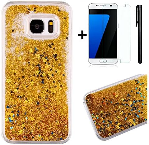 Galaxy S7 Case,Tebey [Liquid Flowing] Ultra Thin [Glitter] Bling Back Case Cover for S7,Hard Case Protective Shell Floating Sparkle Star Quicksand Case for Samsung Galaxy S7-Gold