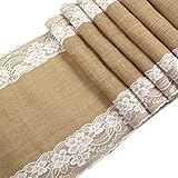 OurWarm 12x108" Rustic Burlap Lace Hessian Table Runner Natural Jute For Wedding Festival Event Table Decoration White Lace Both Side 1pcs
