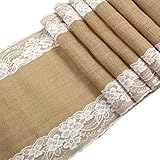 OurWarm 12x108" Rustic Burlap Lace Hessian Table Runner Natural Jute For Wedding Festival Event Table Decoration White Lace Both Side 1pcs