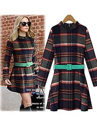 Cotton/Wool Plaid Print Summer Fall 2015 Colorblocking Round Neck  Dress