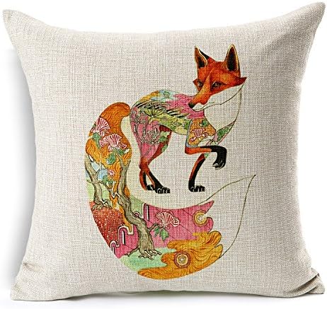 Custom Cotton Linen Leaning Cushion Covers Pillowslip 17.7" x 17.7" Square Throw Pillow Case ,Animal totem pattern - the fox