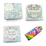 3 Adult Stress Relieving Patterns Coloring Books-Enchanted Forest & Animal Kingdom & Secret Garden Relaxation Templates for Meditation and Calming Free Set of 12 Assorted Colors Drawing Pencils