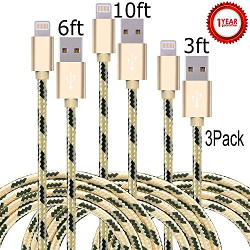 Aplenta 3-Pack 3ft 6ft 10ft 8 Pin Lightning to USB Cable Syncing and Charging Cable Cord for iphone SE,iPhone 6s, 6s+, 6+, 6,5s 5c 5,iPad Mini, Air,iPad5,iPod on iOS9(gold&amp;black)