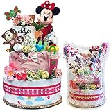出産祝い ディズニー おむつケーキ 大人気 ミニー３段オムツケーキ 喜ばれるベビー用品が沢山デコレーション ミニーマウス 女の子 パンパース Minnie Mouse ((Ｓ) サイズ テープタイプ 