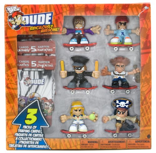 Tech Deck Dude Ridiculously Awesome 6 Figures and Trading Cards W/ #158 Perry, #081 Splinter, #020 Bruce, #159 Momona, #128 Baumer, #027 Woody (CM180)