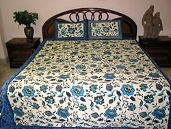 Coton Bedsheets-trendy Block Print Bedspreads Cream Blue Bedding Set Bed Linen