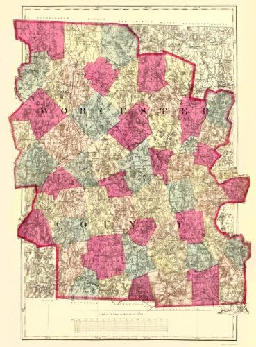 Old County Maps - WORCESTER MASSACHUSETTS (MA) COUNTY MAP BY H.F. WALLING 1871 - Matte Art Paper