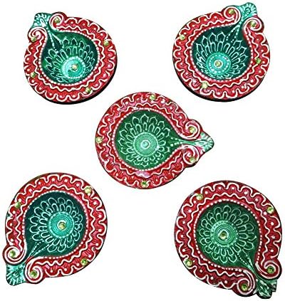 Sanskrite India Designer Terracotta Diwali Diya Multicolor Set Of 5 With Cotton Wicks Diwali Gift Art Décor