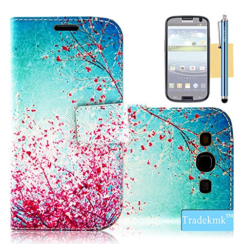 Galaxy S3 Case, Tradekmk(TM) Brand New Fashion High Quality PU Leather Flip Stand Case with Built-in Card Slots Cover[Pink Flowers Blue Sky] Compatible with Samsung Galaxy S3 i9300[+Stylus+Screen Protector+Cleaning Cloth]