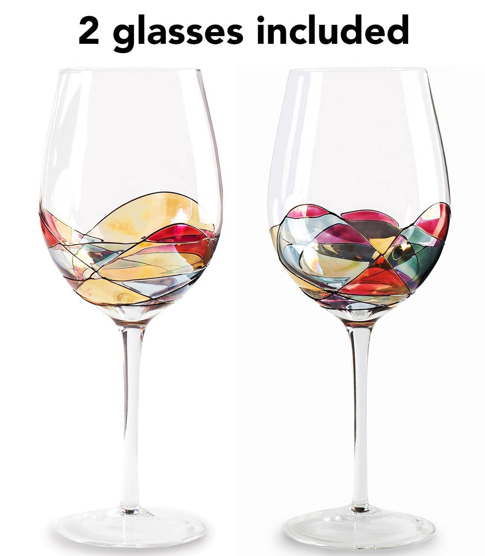 Beautiful Hand Painted Large Wine Glasses Set of 2 Unique Gifts for
