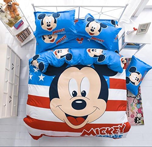 Soft Cartoon Printing 4pc Duvet Cover Set Disney Mickey Minnie Bed Sheet Polyester Bedding Set Comforter Cover flat Sheet pillowcase (The Flag, Queen)