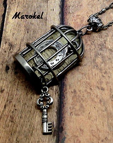 Caged Time Necklace Steampunk Bird Cage Lock Key Silver Victorian Lost Time Statement Necklace