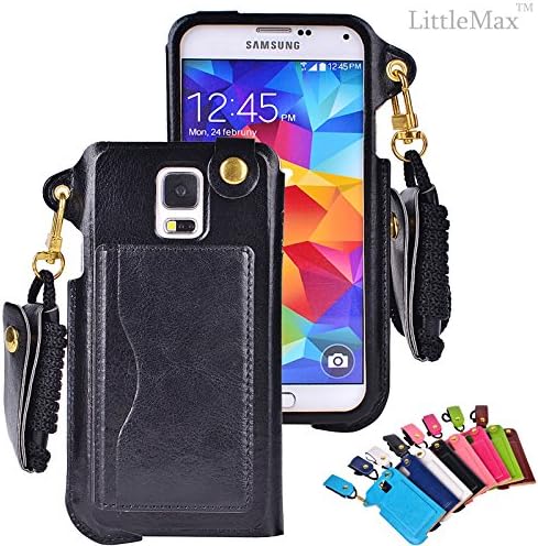S5 Case, LittleMax(TM) Leather Back Case with Neck Strap [Cable Winder] Kickatand Card Slot Protective Case Cover for Samsung Galaxy S5 **Free Cleaning Cloth,Stylus Pen,Screen Protector (Black)