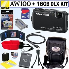 Nikon Coolpix AW100 16 MP CMOS Waterproof Digital Camera (Black) + EN-EL12 Battery + 16GB Deluxe Accessory Kit