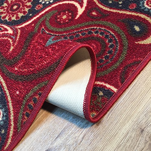 Rubber Back Red Ivory Black Paisley Floral NonSlip (NonSkid) Area Rug