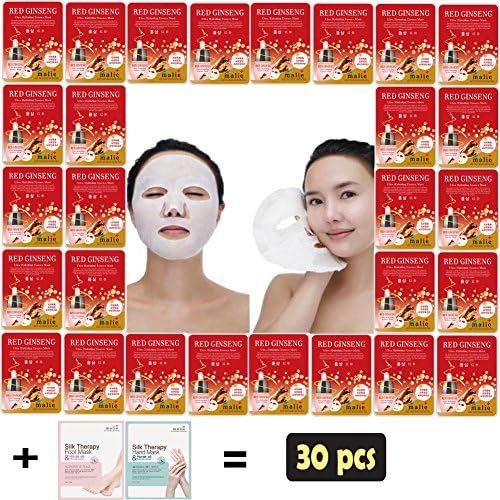 [OBS lab] 28 pcs RED GINSENG Ultra Hydraiting Essence Mask + 1 pcs Silk Therapy Hand Mask + 1 pcs Silk Therapy Foot Mask, ( 30 pcs Total ), Korean Facial ask Sheet, Skincare Moisturizing
