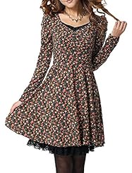 V-neck Lace Beaded Floral Print Puff Sleeves Cotton/Polyester  Dress