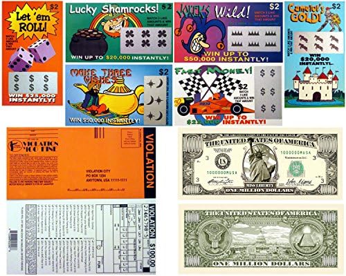Set of 10-Fake Parking Tickets + 6-Fake Lottery Tickets-Each ticket a FAKE WINNER! + 10 Bills-Traditional Million Dollar Bills (Set of 26 Items)