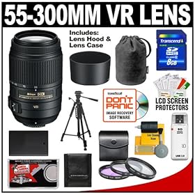 Nikon 55-300mm f/4.5-5.6G VR DX AF-S ED Zoom-Nikkor Lens with HB-57 Hood & Pouch Case + 8GB Card + EN-EL9 Battery + Filter Set + Tripod + Accessory Kit for D40, D60, D3000, D5000 Digital SLR Cameras