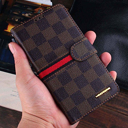 RAYTOP Luxury Brand Designer Brown Checks Leather Cases Covers Wallet for Samsung Galaxy Note 3 Note3 Kickstand Vintage Sleek Decent Classic Classy Men Women
