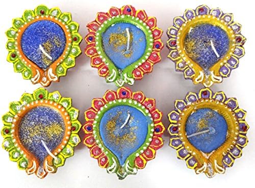 Diwali / Deepavali Decorative Hand Painted Terracotta Diya With Wax Filled (Pack Of 6), 85mm x 85mm x 23mm Multi-Colored