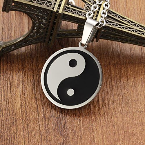 KAMOUR Jewelry Men's Stainless Steel Yin Yang Tai Chi Bagua Pattern Pendant Necklace, Black Silver