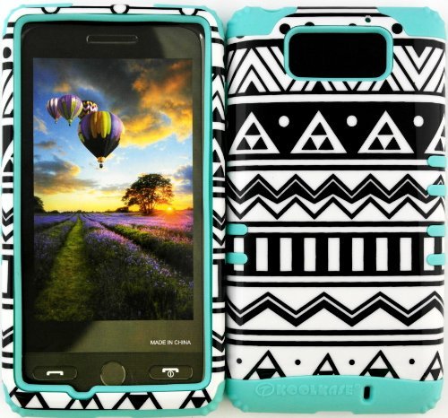 Wireless Fones TM Verizon MOTOROLA DROID MAXX XT1080M TUFF IMPACT HYBRID Cover Case Black and White Tribal Aztec on + Baby Teal Silicone