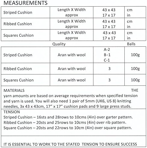Aran Knitting Pattern for Easy Knit Design Cushion Covers - Striped Ribbed or Squares (UKHKA 145)