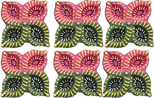 Diwali / Deepavali Decorative Hand Painted Terracotta Diya (Pack Of 6), 88mm x 88mm x 23mm Pink-Green-White
