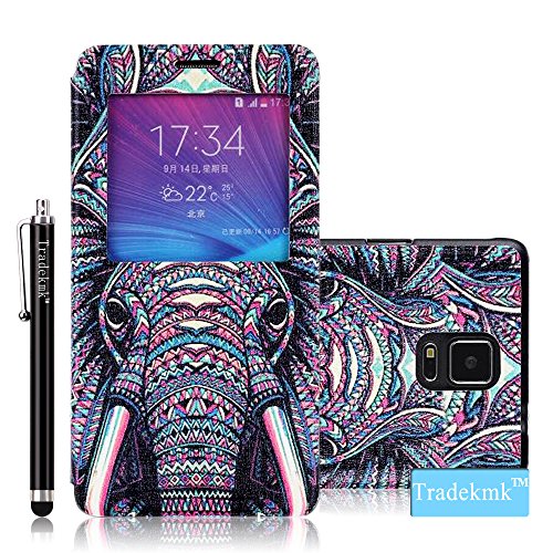 Galaxy Note 4 Case, Tradekmk(TM) Brand New Fashion High Quality Flip Leather Window View Design Display Caller ID Time Table Slim Fit Case Cover[Colored Drawing-Huge Elephant] Compatible with Samsung Galaxy Note 4[+Stylus]