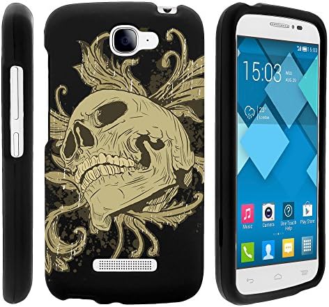 MINITURTLE, 3 in 1 Slim Fit Graphic Design Image 2 Piece Snap On Hard Phone Case Cover, Stylus Pen, and Clear LCD Screen Protector for Android Smartphone Alcatel One Touch Fierce 2 7040T /T Mobile (Skull and Leaves)
