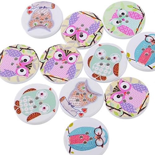 Kimter 50pcs DIY Wooden Buttons 30mm(1.18") 4 Holes Random Mixed Adorable Style White Colorful Owl Pattern Printed For Kid's Sweaters