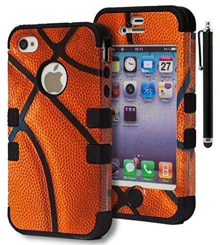 iPhone 4 Case, Bastex Heavy Duty Hybrid Case - Soft Black Silicone Cover Hard Basketball Design Case for Apple iPhone 4, 4g, 4s 4gs**INCLUDES STYLUS**