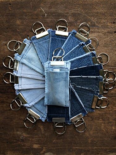 Reclaimed Denim Made into Chapstick Holder Keychain Light, Medium, and Dark Blue Denim