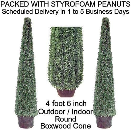 SPJPLANTS Box of Two Artificial Outdoor Indoor Potted 4 foot 6 inch Boxwood Round Cone Topiary Trees Plants. Packed with styrofoam peanuts
