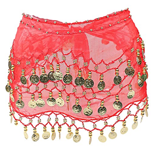 Chiffon Hot Belly Dancing Skirt Belt with 3 Row 98 Gold Coins Dance Hip Scarf Wrap