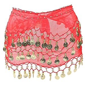 Chiffon Hot Belly Dancing Skirt Belt with 3 Row 98 Gold Coins Dance Hip Scarf Wrap
