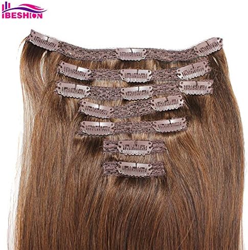 Ibeshion 100g Clip In With Lace 7pcs 15 Clips 20 Inch #6 Chestnut Brown Remy Human Hair Extensions