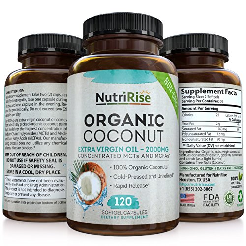 Organic Coconut Oil Capsules 2000 MG. 100% Pure Extra Virgin Coconut Oil. Natural Cold Pressed Coconut Oil From Non-GMO Coconuts. Unrefined Coconut Oil Rich in MCFA and MCT. 120 Softgels. Made in USA