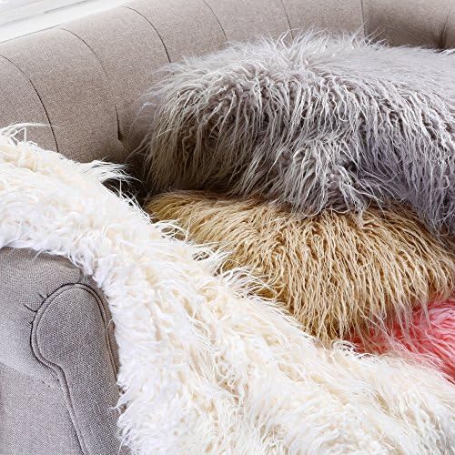 Cynthia Rowley Luxury Mongolian Lamb Wool Faux Fur Throw Blanket with Velvety Reverse Fuzzy Fake Fur Taupe Beige