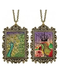 Antique Gold or Silver Tone Peacock/Bird Rectangle Pendant Necklace-25 IN + 2 IN