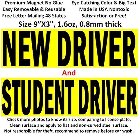 New Driver + Student Driver Magnets 2 Variety Pack 9 by 3 Inch Premium Outdoor Quality Made in USA Big Text Not Reflective So No Glares at Night