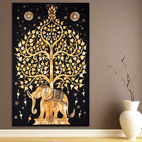 ModTradIndia-Elephant Under Tree Golden Tapestry, Indian Hippie Wall Hanging , Bohemian Bedspread, Mandala Cotton Dorm Decor Beach blanket