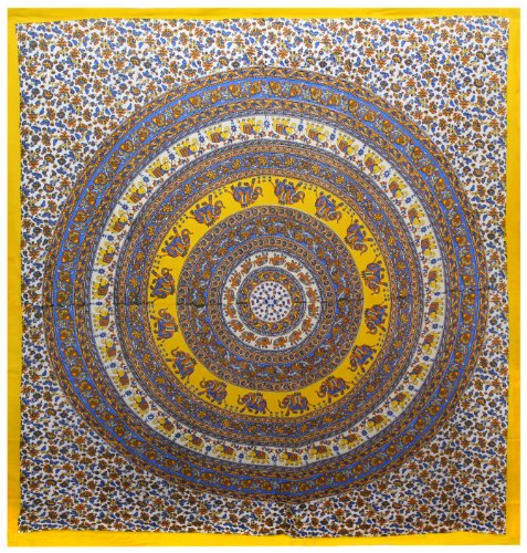 Yellow & Blue Elephant Circle Indian Tapestry - Mandala Wall Hanging for Dorms