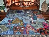ZARDOZI EMBROIDERED BEADS SARI TAPESTRY BEDSPREAD COVERLET THROW WALL HANGING