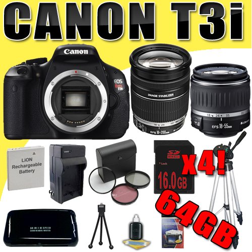 Canon EOS Rebel T3i 18 MP CMOS Digital SLR Camera w/ EF-S 18-55mm f/3.5-5.6 II IS Lens + Canon EF-S 18-200mm f/3.5-5.6 IS Lens LPE8 Battery / Charger Filter Kit 64GB Tripod DavisMAX Bundle