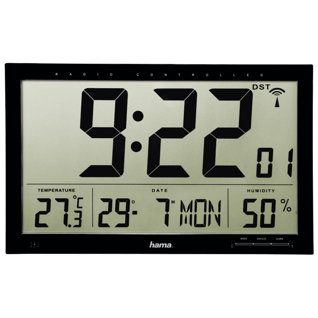 Hama FunkWanduhr Jumbo mit LCDDisplay, Wecker, Thermometer, Hygrometer und Kalender (36,8 x 3