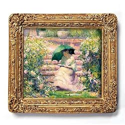 Woman Reading in a Garden - Gold Frame Magnet with pop-out easel (2-3/4" x 2-1/2")