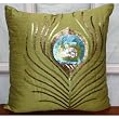 Green Peacock Feather - Decorative Pillow Cover - Silk Pillow Cover with Sequins Embroidery